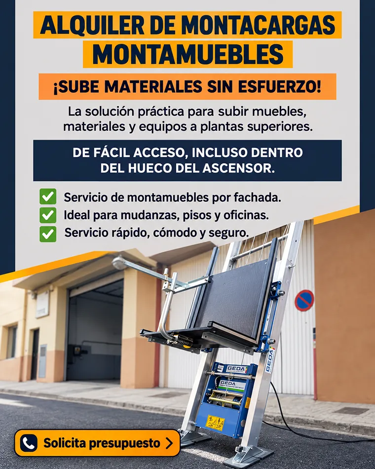 Alquiler de montamuebles para elevar muebles, materiales y cargas voluminosas por la fachada de un edificio.
