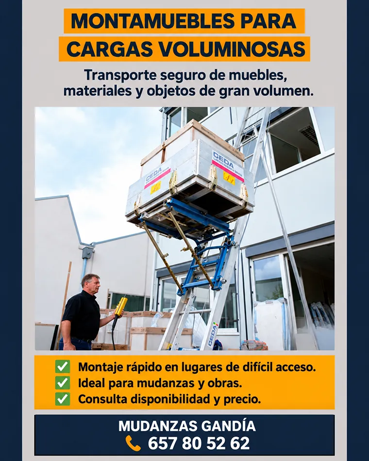 Alquiler de montamuebles de fácil acceso para subir muebles y materiales, incluso dentro del hueco del ascensor.